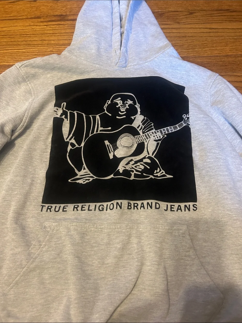 True Religion Gray Hoodie with Black Buddha Guitar Graphic